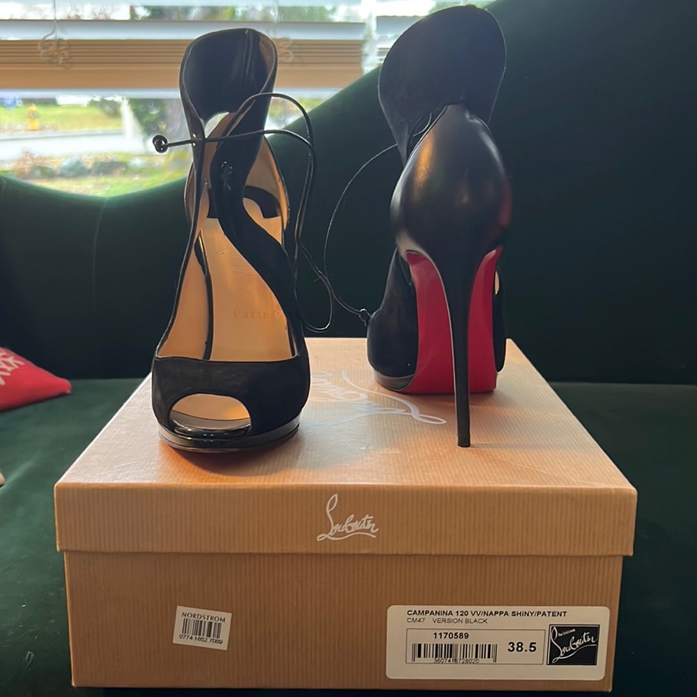 Christian Louboutin Campanina 120 Black Suede Lace Up Platform Heel. Size 38.5
